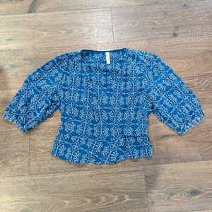 MNG Mango Zafi Embroidered Puff Sleeve Wrap Blouse Blue White Fairycore Boho | L